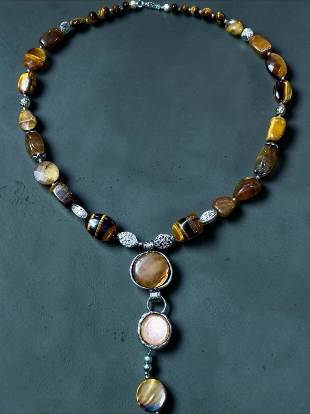 Handmade Tigers Eye Necklace Genuine Gemstone 22” Long 4” Pendant One of a Kind